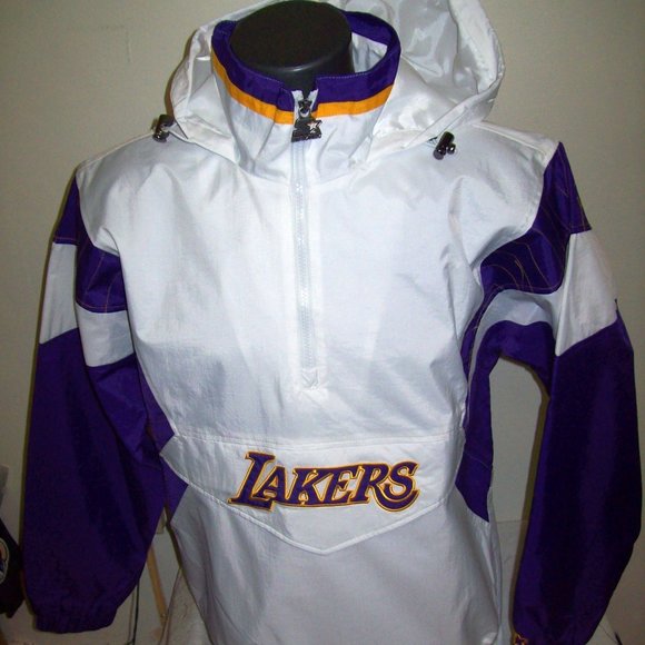 LOS ANGELES LAKERS STARTER Hooded Half Zip Jacket WHITE 2X - Picture 3 of 13